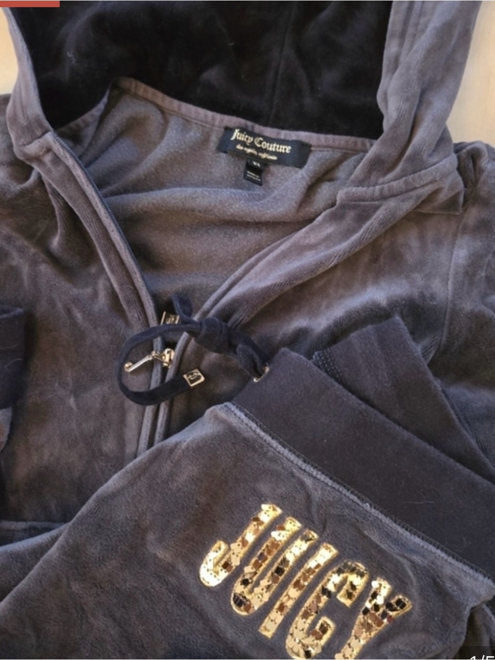 Juicy Couture Gray Velour Zip Hoodie and Pants with Gold Sequin Logo